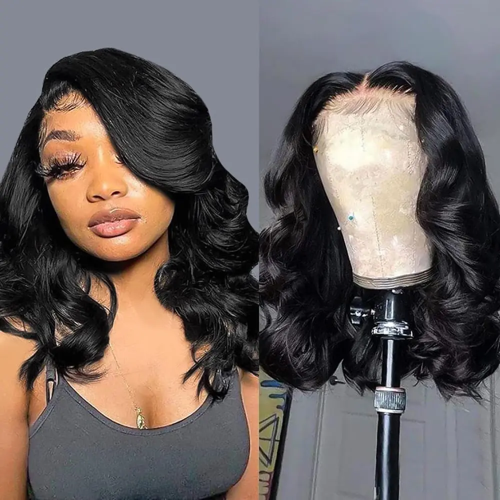 Bob Wig Human Hair 13x4 Lace Front Wigs 16 Inch Loose Body Wave HD Lace Frontal Wigs Glueless Wigs Human Hair Pre Plucked Short Bob Wigs for Black Women Natural Black Color