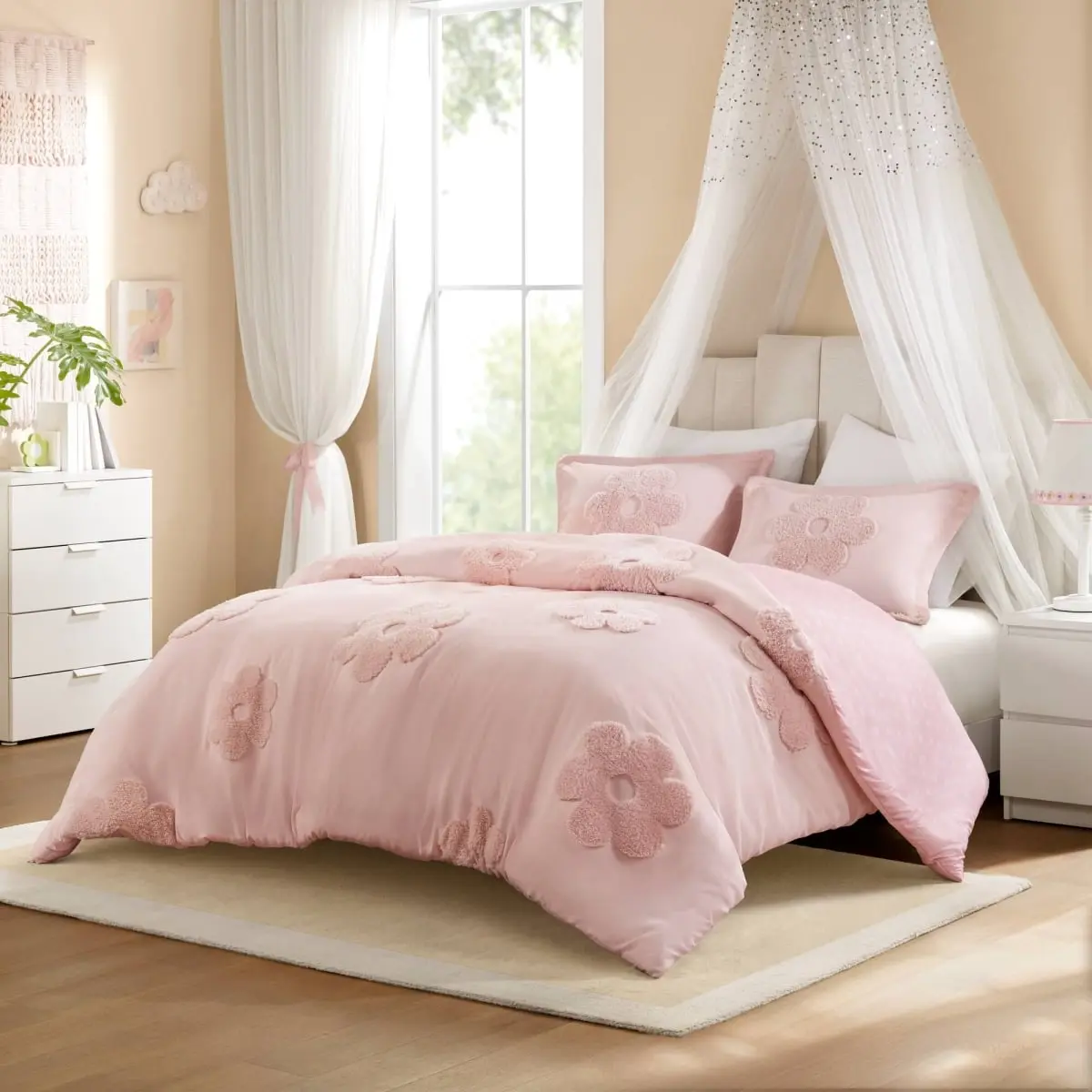 Kids Decorative Duvet Cover Bedding Set - 360 Stand, Urban Habitat, Floral Print, Reversible Tufted Chenille, Pink Polyester, Full & Queen Size (Full Size Bed Compatible), Comfy Bedding Set