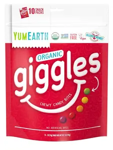 YumEarth Organic Giggles Chewy Candy - Allergy Friendly (Top 9 Free), No Artificial Dyes or Flavors, Non GMO, Gluten Free, Vegan - Individually Wrapped Fruity Snack Packs - 0.5 Ounce (Pack of 10)