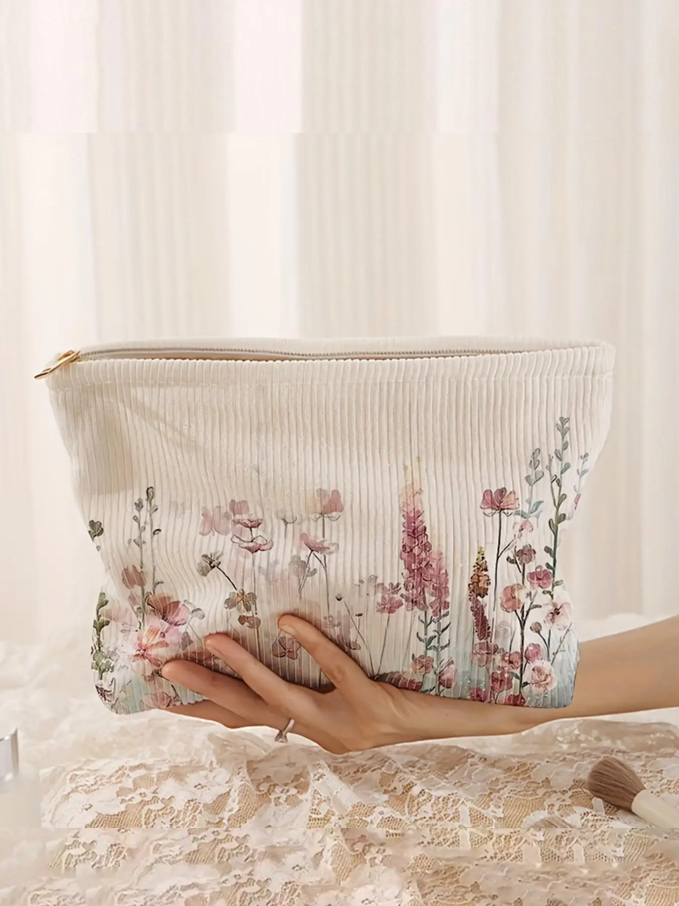 Floral Pattern Corduroy Cosmetic Bag, Lightweight Multi-functional Fashion Leisure Cosmetic Bag, Makeup Case, Travel Cosmetic Bag, Suitable for Leisur