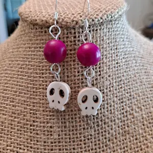 Fuchsia and White Skull Earrings - Fashion Accessories