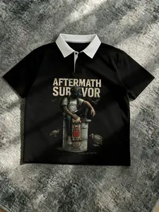 Cropped Polo Shirt' Contrast Collar | Aftermath Survivor Graphic Print & Skate Element | Retro Post-Apocalyptic Unisex Streetwear Menswear OOTD Essential | TikTok Viral Casual Daily Wear Statement Top for Men Women 2026 Spring New Drop