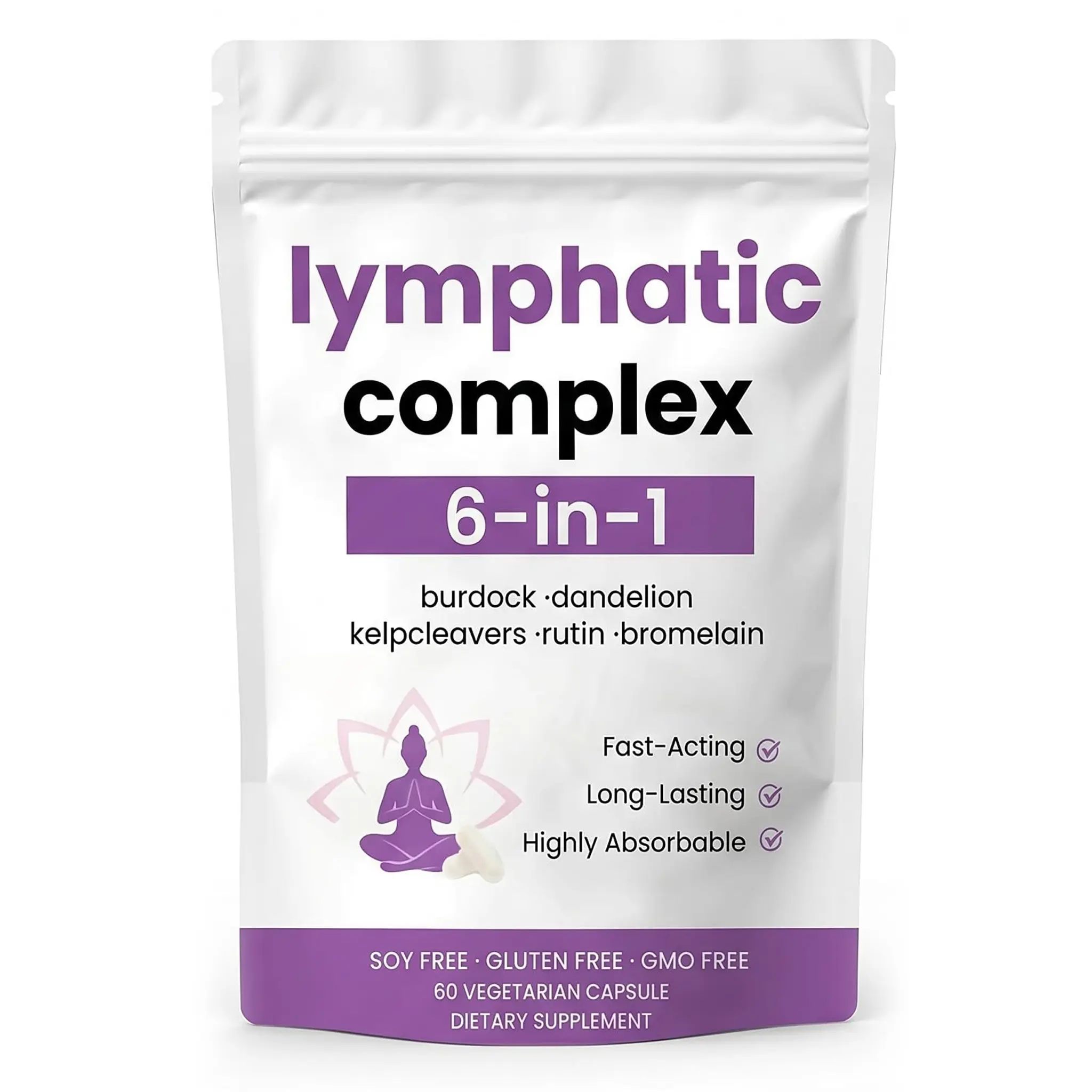 Lymphatic Complex Dietary Supplement (2 Packs) 6-in-1 - Natural Lymphatic Drainage Healthcare Capsules with Burdock, Dandelion, Kelp, Cleavers, Rutin, Bromelain for Bloating Reduction