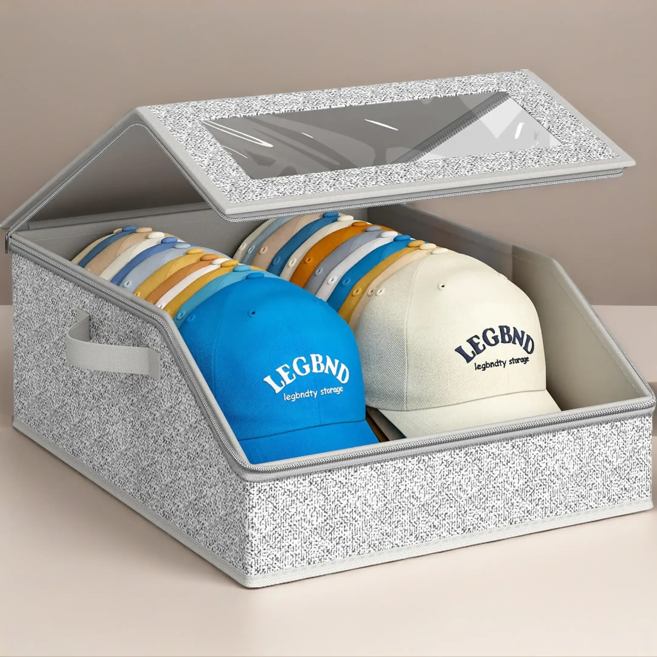 Household Hat Storage Bag, Foldable Dustproof Cap Organizer with Dual Handles, Holds 24 Baseball Caps Grey