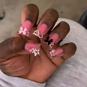 Duck Press on Nails Medium Pink Leopard Print French Tips Fake Nails with Star, Heart, Bow Charms Designs Full Cover Glossy Glue on Nails