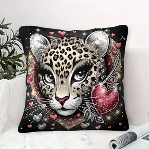 Wild and Luxurious Style Throw Pillow with Inner Cushion, 45cm Square Throw Pillow, Zipper Closure, Rhinestone Heart and Leopard Head Print, Soft Comfortable Decor for Bedroom & Sofa, Creative Decorative Cushion, Luxurious and Sweet Soft Furnishings