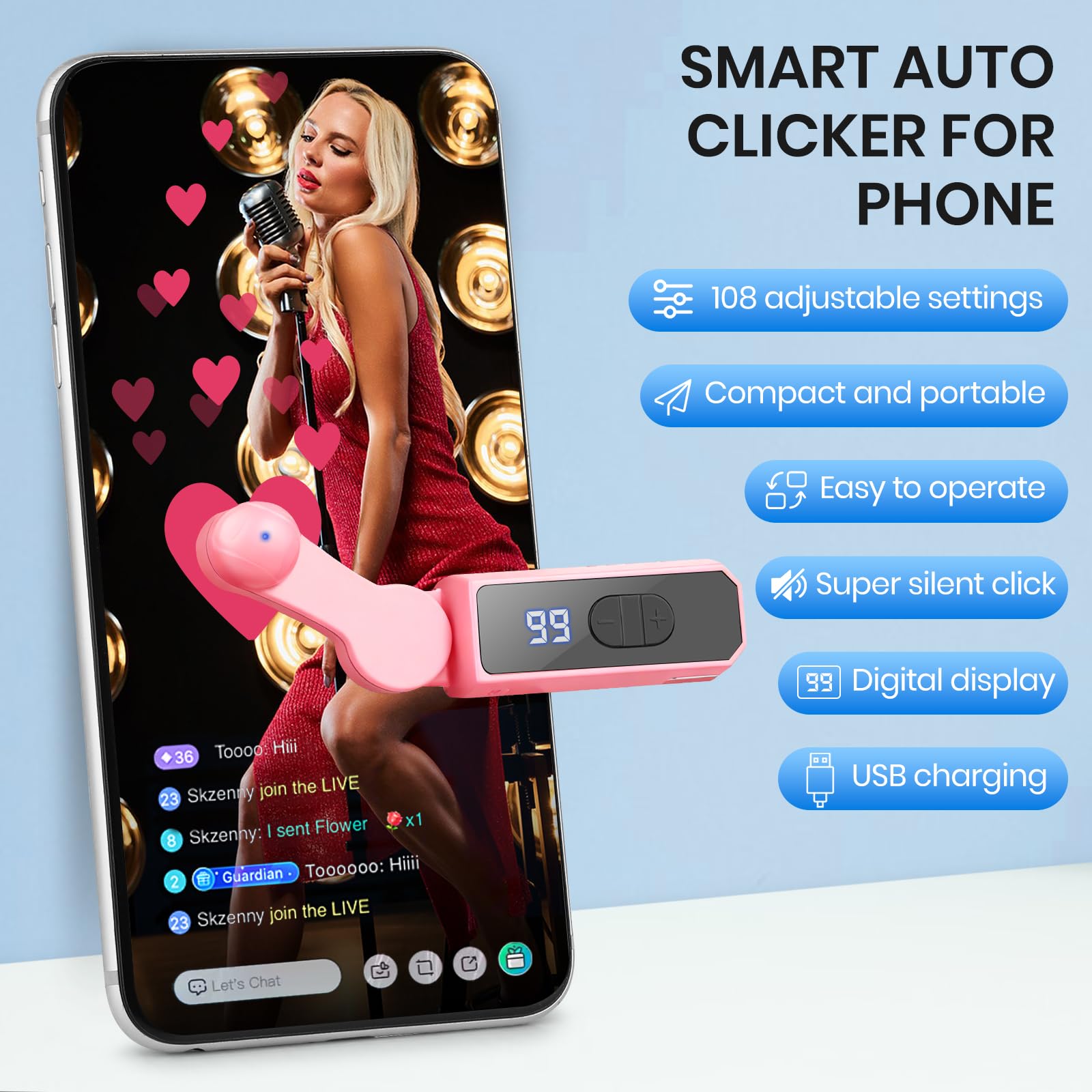 TikTok Smartphone Clicker, compatible with iPhone, iPad, and Android devices, featuring adjustable speed and a rechargeable automatic clicking mechanism—an instant clicker designed specifically for live-stream liking and social media tasks