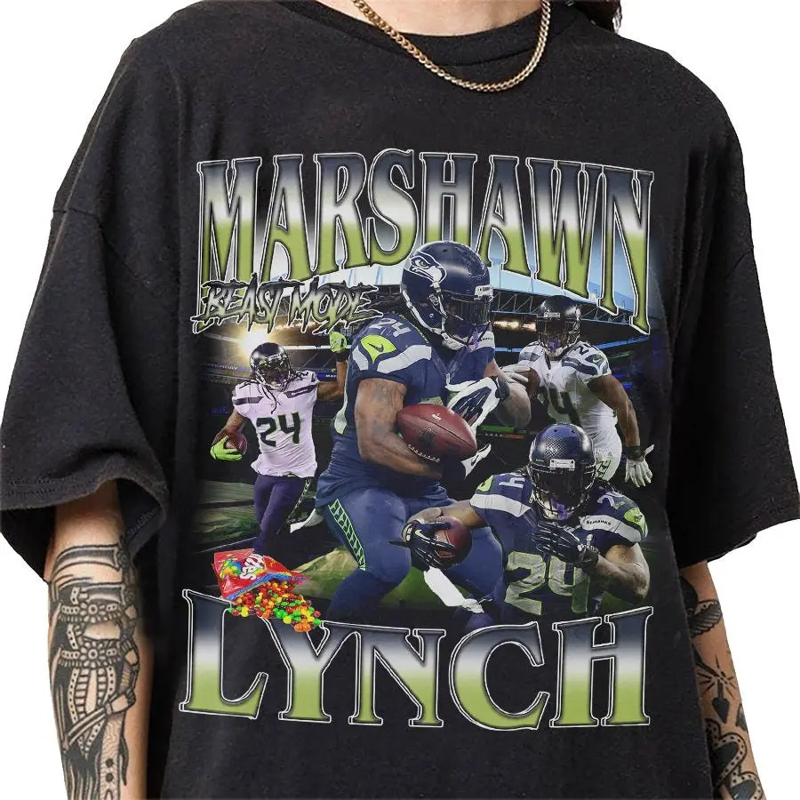 [Sale Up To 50%] Men's Unisex Marshawn Lynch 90s Vintage Bootleg Digital Print Graphic T-Shirt - Classic Retro Gift Tee For Men-Women, Casual, Menswear