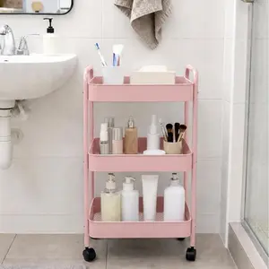 Pink 3-Tier Carbon Steel Rolling Cart for Dorms, Girls' Home Organizer with 360° Rotating Lockable Wheels, Multifunctional Book Cart & Bedside Snack Storage Holder