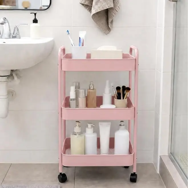 Pink 3-Tier Carbon Steel Rolling Cart for Dorms, Girls' Home Organizer with 360° Rotating Lockable Wheels, Multifunctional Book Cart & Bedside Snack Storage Holder