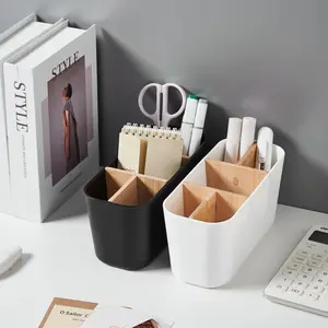 Bathroom toothbrush holder, made of bamboo, with 5 slots, suitable for bathroom vanity surfaces, can hold electric toothbrushes, toothpaste, and razors (white/black).