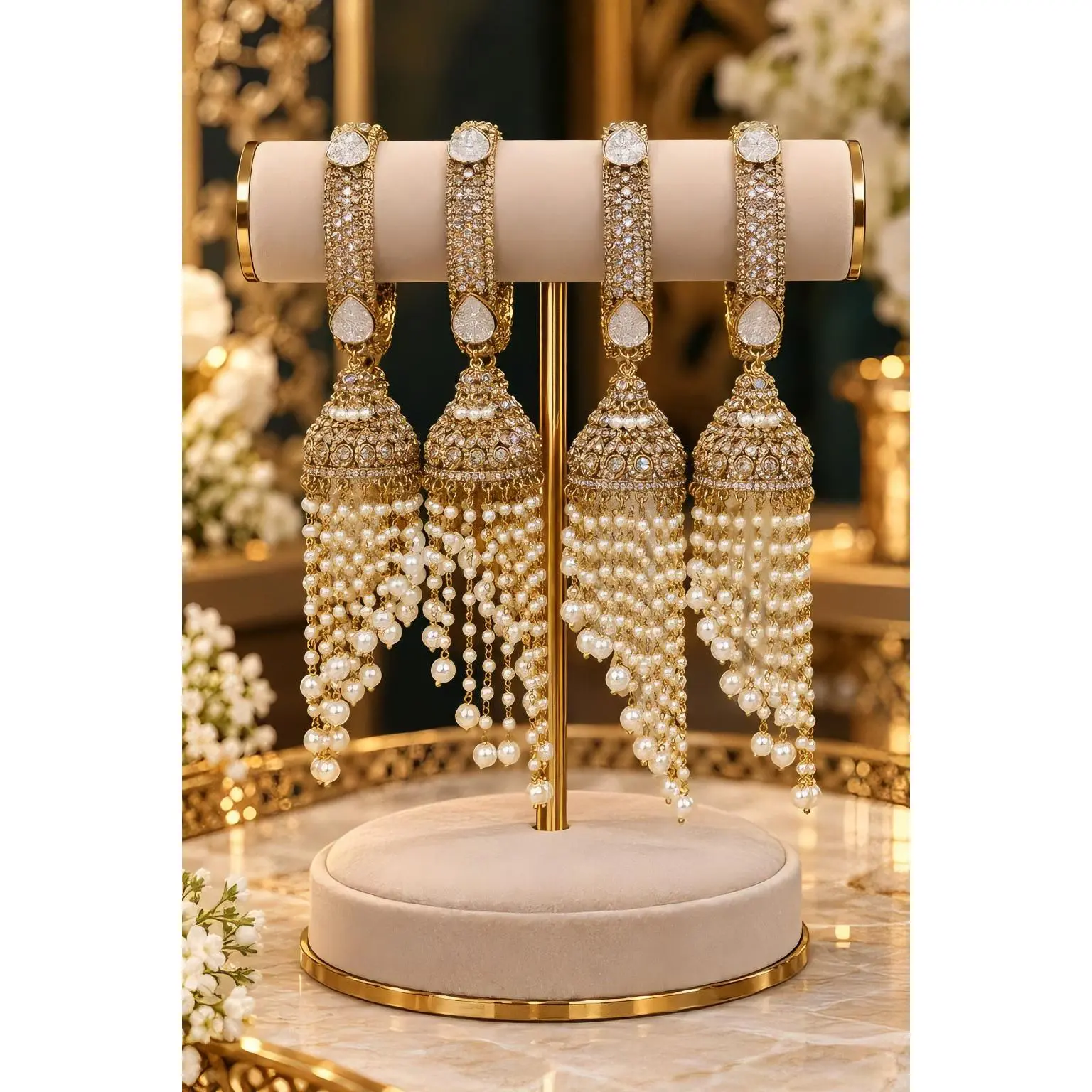 Kaleera Style Antique Gold Polki Bangles with Oversized Jhumki in Champaign Gold for Bridal and Non-Bridal Occasions - Set of 2