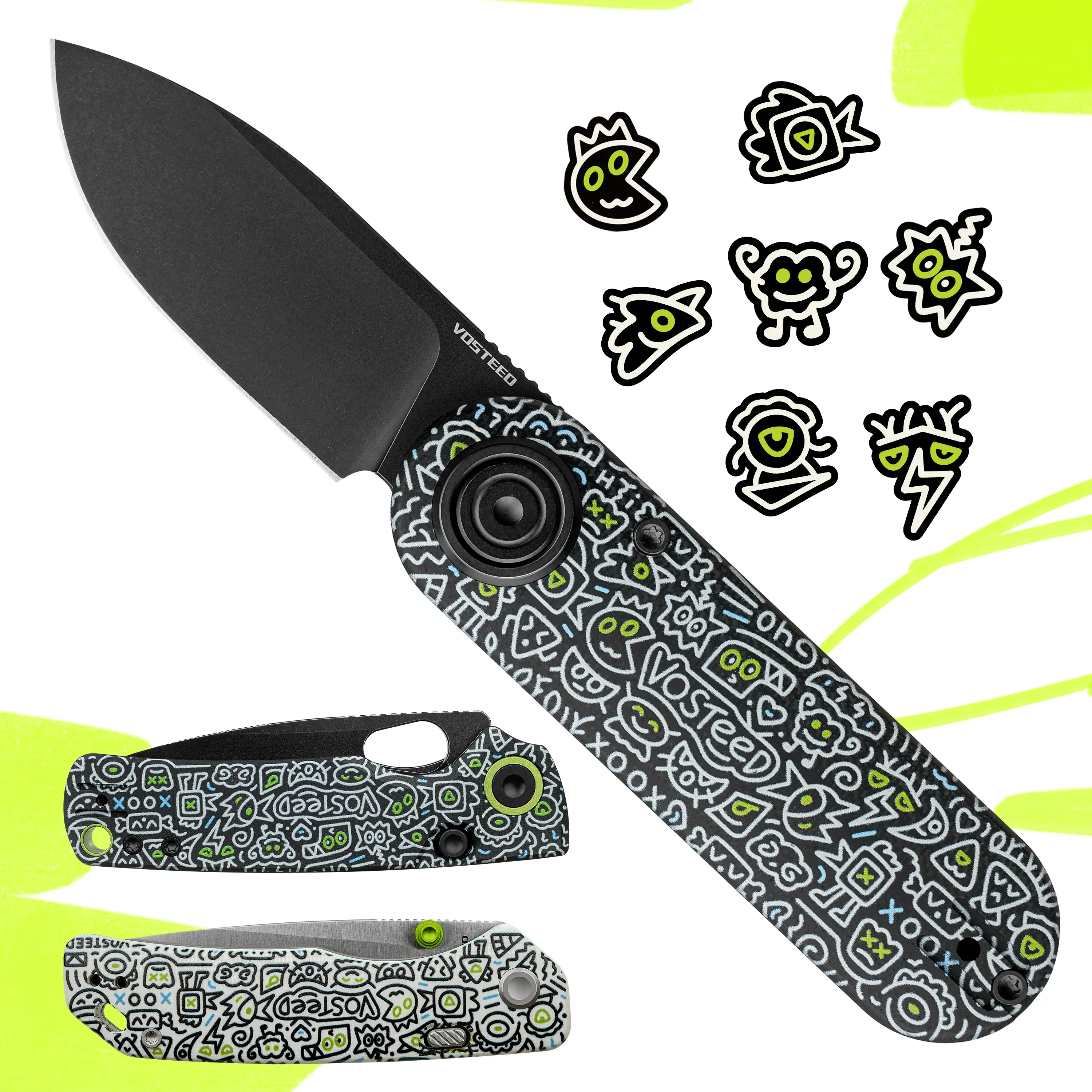 Vosteed Doodle Monster Series EDC Folding Knife, Corgi V / Marten / Porcupine/Raccoon Collection, G10 Handle, High-Performance 14C28N/154CM Blade, Unique Pop Art Pocket Knife Gift,EDC tools.