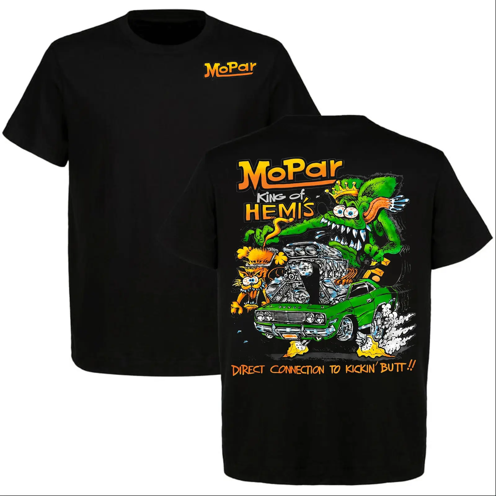 Mopar King of Hemis Rat Rod Monster Graphic T-Shirt for Men, Vintage Muscle Car Hot Rod Tee, Front and Back Print