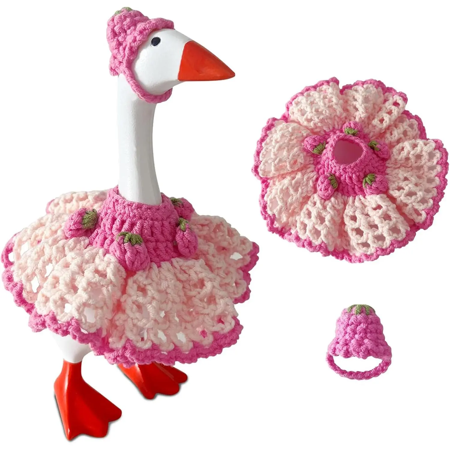 7-Inch Handmade Crochet Pink Strawberry Dress & Hat for Mini Magnetic Porch Goose Statue, Cute Porch Outfit, Cute Collectible Figurines, Anthropomorphic Costume Doll Ornaments, Home Decor Accessories, Cute Animal Design