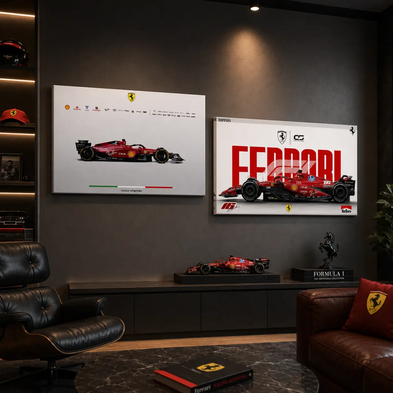 Scuderia Ferrari F1 Race Car Horizontal Canvas Wall Art - Charles Leclerc #16 Red Formula 1 Side Profile Print, Ferrari Logo & Sponsor Livery Decor for Motorsport Fans' Man Cave