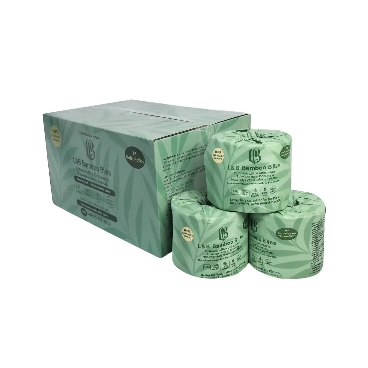 L&B Bamboo Bliss Compostable Toilet Tissue Bulk - 3-Ply Soft, Unscented, Eco-Friendly, 12 Rolls with Box Packaging for Home Care Supplies Daily Use, Xl Flushable Toilet Paper & Wipes