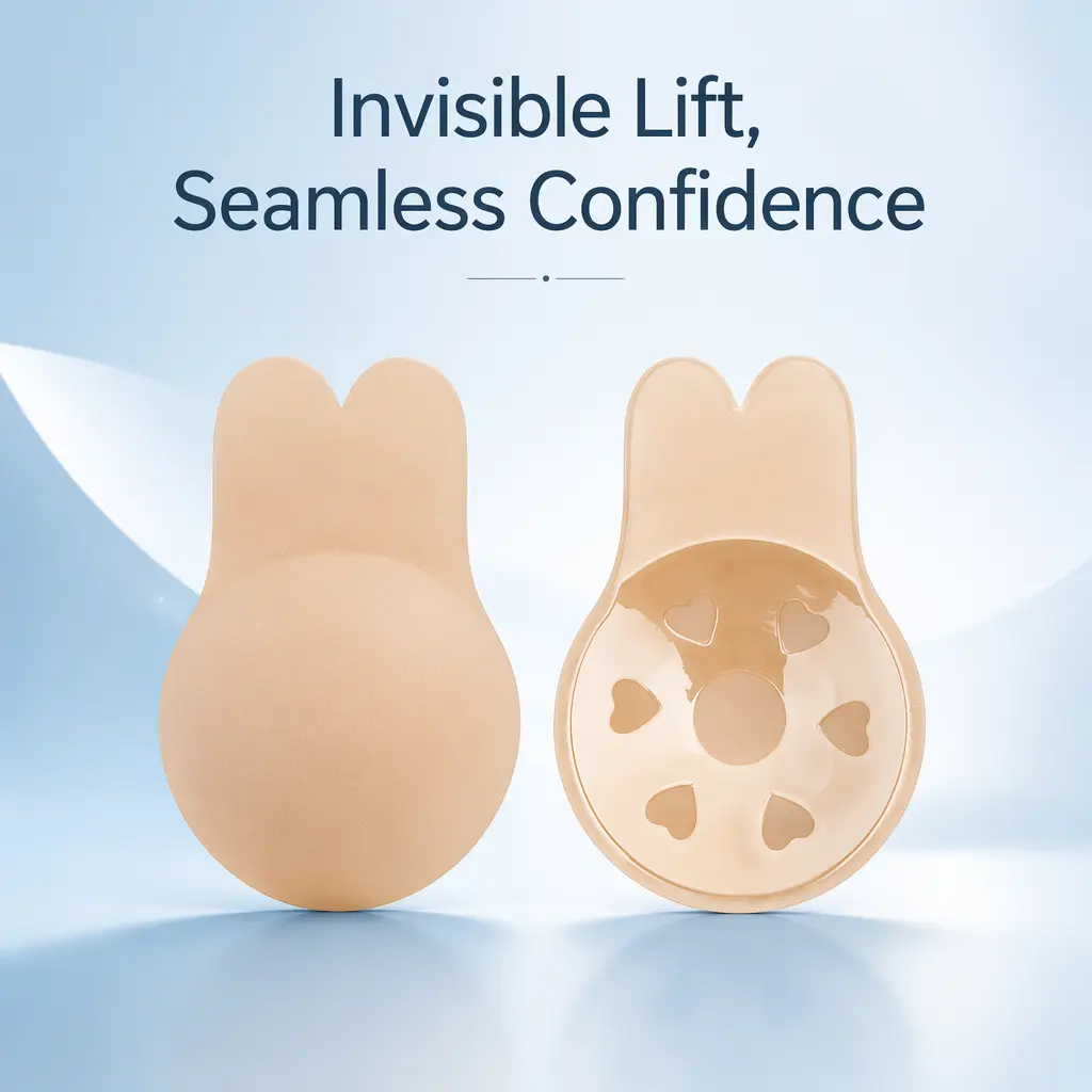 2 Packs Rabbit Shape Breast Lift Nipple Covers, Dual Color Nude & Black Invisible Backless Adhesive Bra Pads with Heart Air Holes, Lightweight Breathable Reusable Sticky Breast Lifts, Anti-Fall Waterproof Tape for Summer Tops Dresses