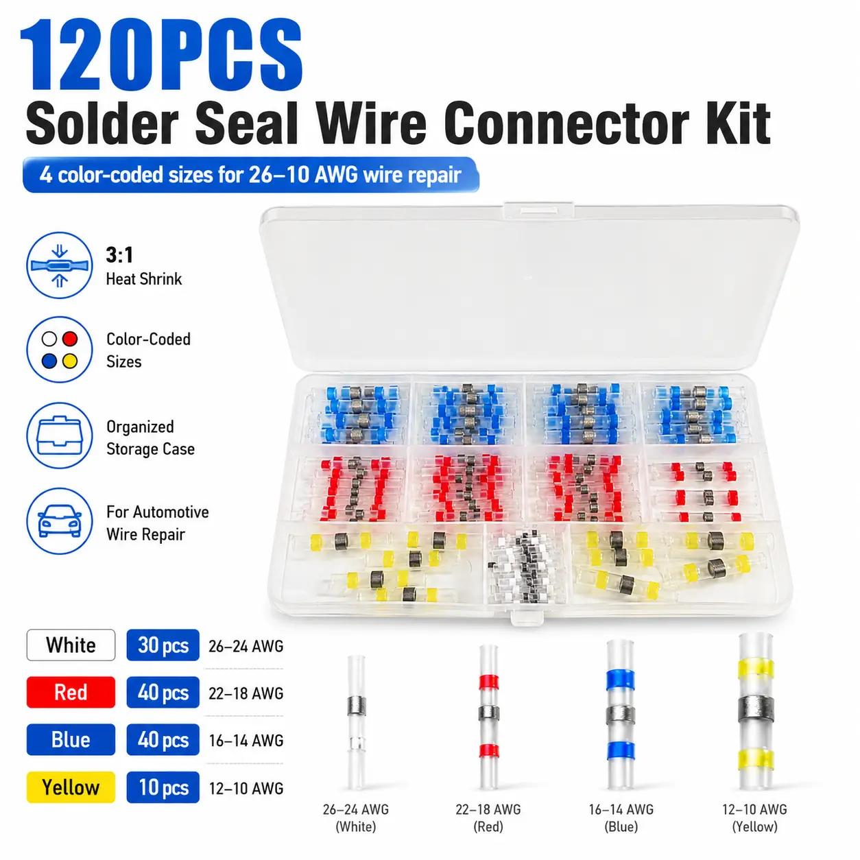120PCS Solder Seal Wire Connectors Kit, 3:1 Heat Shrink Waterproof Butt Terminals, 4 Color-Coded Sizes for 26–10 AWG Automotive Marine Electrical Wire Repair