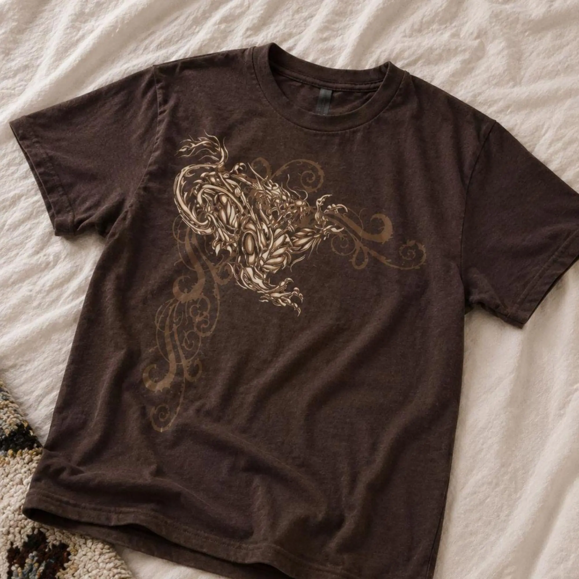 Vintage Tribal Asian Dragon Graphic T-Shirt - Retro Y2K Aesthetic Earth Tone Tee, Japanese Tattoo Style Streetwear Shirt, Graphic T-Shirt 100% Cotton, Unisex Shirt Menswear Womenswear Streetwear Cotton Comfort