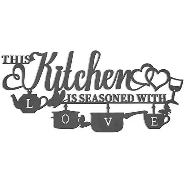 Metal Kitchen Wall Decor, This Kitchen is Seasoned with Love Black Word Name Sign Hanging Wall Art Decor, Rustic Iron Letters Quotes for Kitchen Farmhouse Dining Room Home Decor (A)