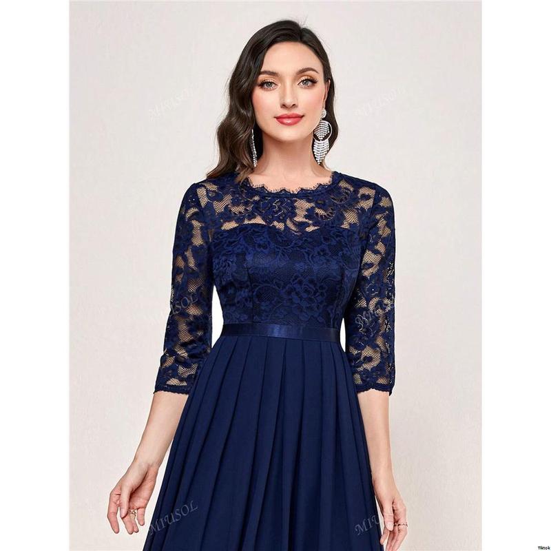 Formal Hem Pleated Elegant MIUSOL Floral Lace Chiffon Party Dress