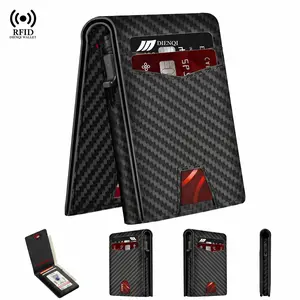 Men's Slim Bifold Wallet, Carbon Fiber and Leather Pop Up Card Holder with RFID Blocking, ID Window, and Cash Slot, Wallets