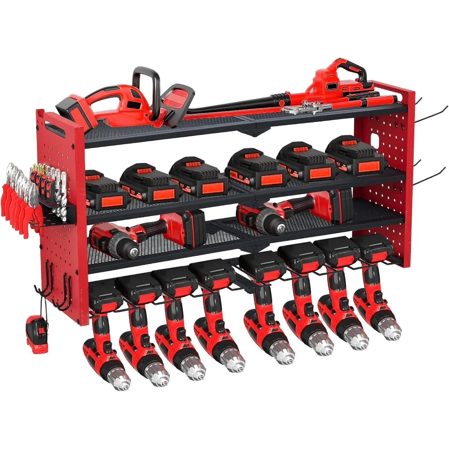 GARVEE 4-Layer Heavy Duty Power Tool Organizer Wall Mount, 400 lb Capacity Garage Rack with 8 Drill Slots & Hooks, Metal Tool Storage Shelf