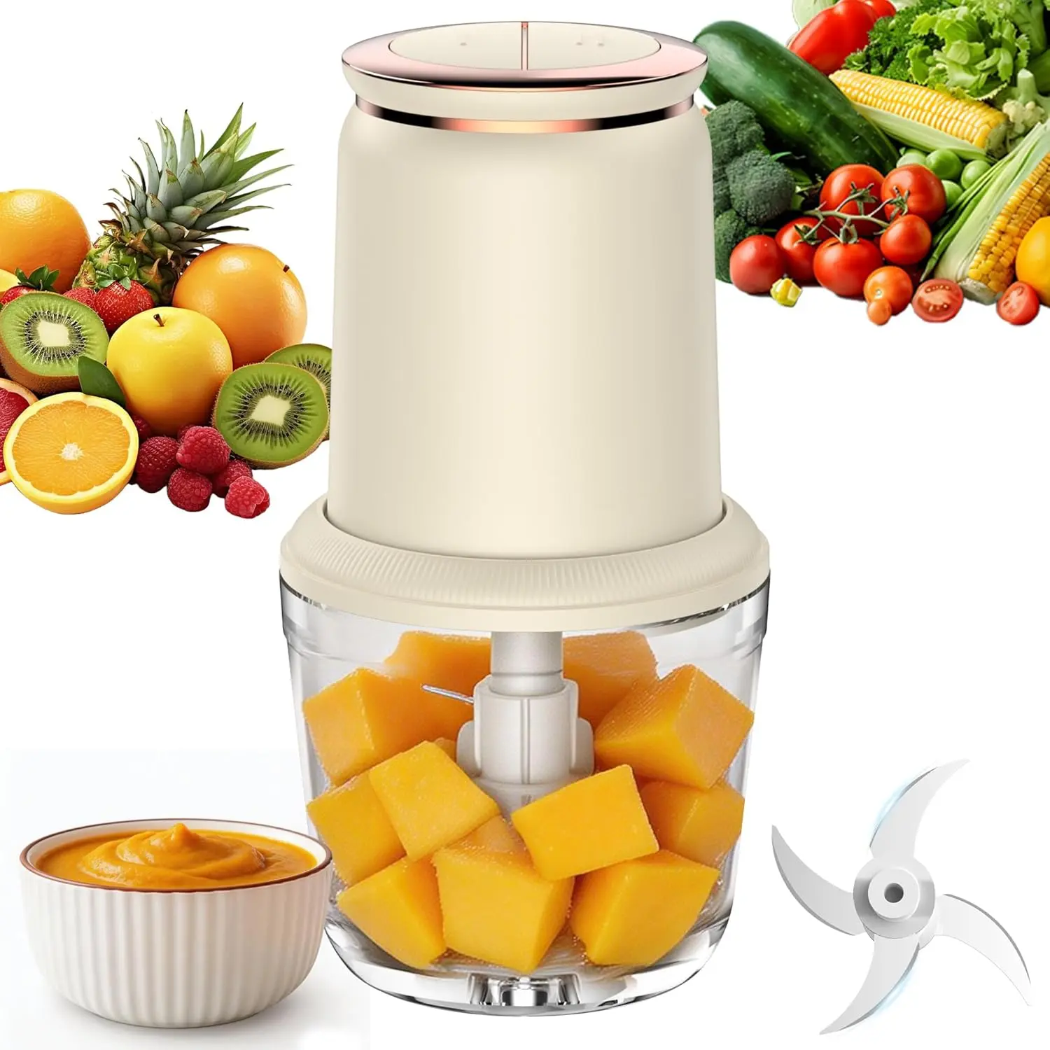 Baby Food Maker with Glass Bowl and Stainless Steel Blades, Small 300W Electric Food processor Vegetable Chopper for Home Kitchen, Baby Food Puree Blender for Fruit, Meat, 20oz, White