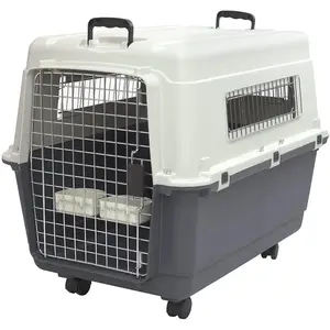 Plastic Kennels Rolling Plastic Wire Door Travel Dog Crate- Large Kennel, Gray