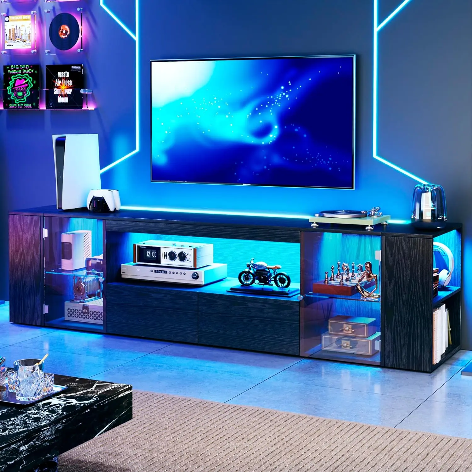 75 inch TV Stand, Entertainment Center with LED Light, Modern Wood TV Console with Shelves & 2 Large Storage Drawers with 5 Open Shelves to Tv Stand for 65/70/75/80 inch Tvs Black