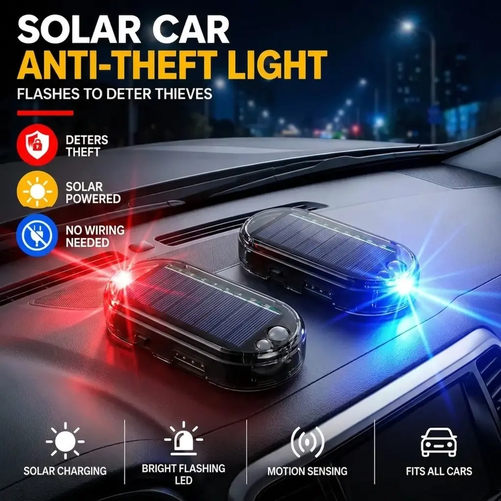 Solar Powered Fake Car Alarm Light,  Plastic Material Auto Light Sensor LED Simulated Security Warning Flashing Light, No Wiring DIY Car Anti-Theft Dummy Alarm Lamp