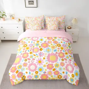 Floral Comforter Set,Flowers 7-Piece Bedding Set,Bohemian Garden Rainbow Rustic Cartoon Pink Yellow Lightweight Bed in A Bag