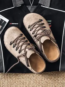Men's Suede Lace-Up Mule Clogs, Backless Slip-On Platform Shoes, Chunky Non-Slip Sole, Casual Closed-Toe Loafers for Daily Wear