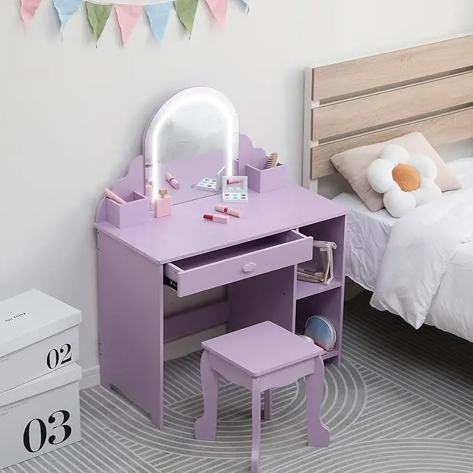 Kids Vanity with Mirror, 2 in 1 Little Girls Vanity Table & Stool, Kids Makeup with Drawer & Open Shelves Girls Kids Vanity with Mirror, 2 in 1 Little Girls Vanity Table & Stool, Kids Makeup with Drawer & Open Shelves Girls