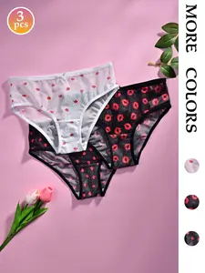 3-Pack Sweet and Spicy Girl's Mesh Triangle Underwear, Strawberry Lip Heart Print, Breathable Fitted Skin-Friendly for Dating, Outing, Home or Gifting