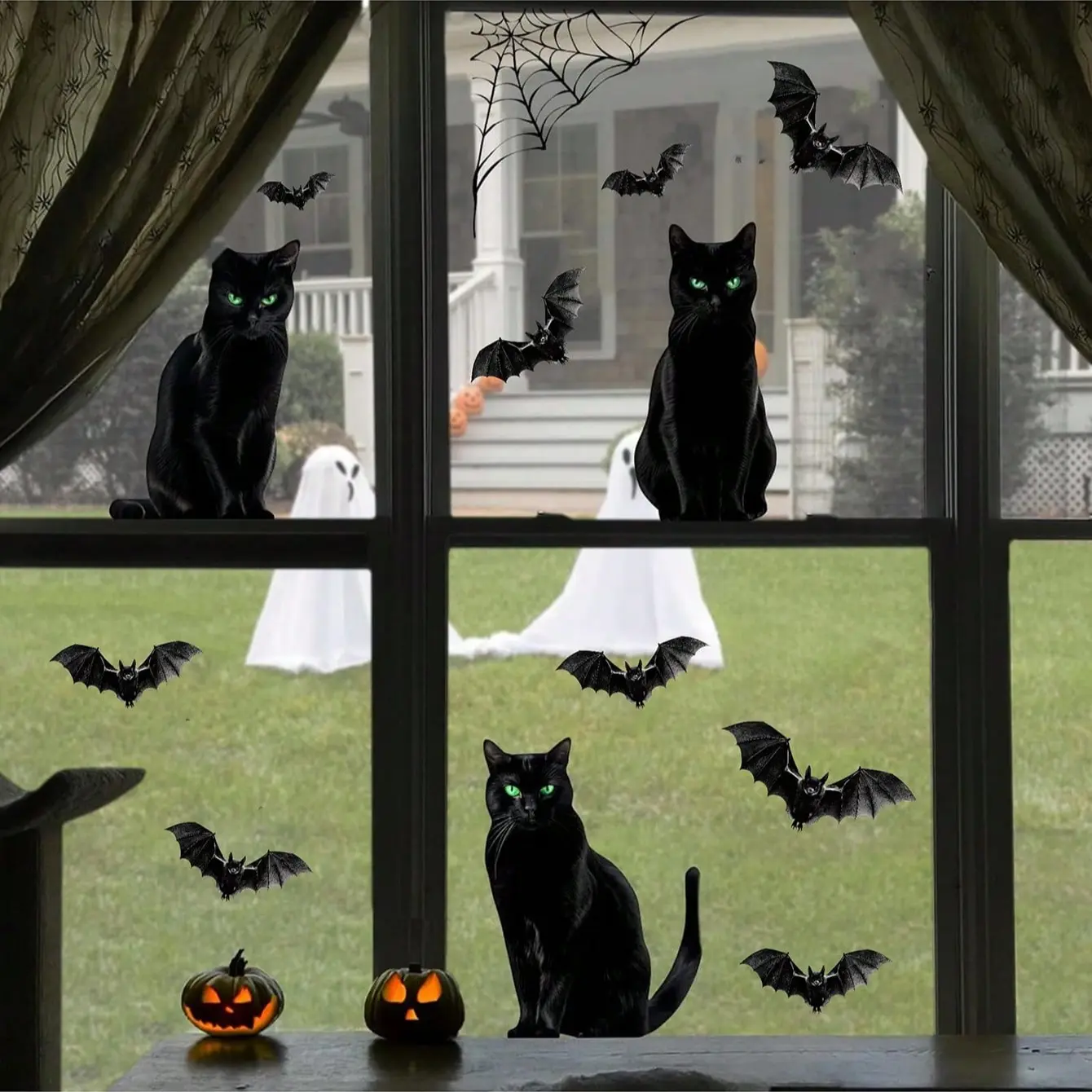 6 sheets- halloween decoration window stickers, 4 large realistic black cats, Halloween window stickers, spider webs, bat silhouettes, window stickers, indoor school, home office, party glass window decorations, Halloween window stickers, black cat bat