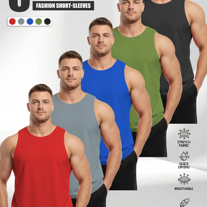 Men's Plus Size Crew Neck 5-Piece Polyester Knit Sports Vest Set - Quick-Dry Fabric, Breathable Athletic Wear Gym, Sleeveless Loose-Fit Solid Workout Clothing for Commuters, Casual Outings (3XL, Do Not Dry Clean)