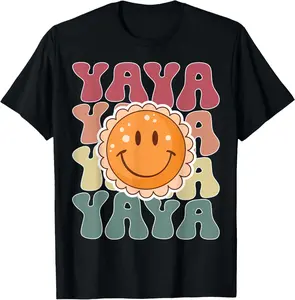 Cotton(pure) Smile Retro Groovy Yaya Family Matching Grandmother T-Shirt