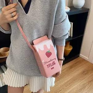 Unique Creative Milk Carton Bag with Strawberry Milk Design, Cute Beverage Box Crossbody and Handbag, Ideal for Daily Outings and Photo Styling as a Fun Mobile Phone Bag