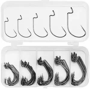 Fishing Hook Set, Fishing Gear Set, 50pcs/box Jig Crank Barbed Hook, High Carbon Stainless Steel Wide Gap Offset Fishhook, Soft Worm Sea Hook Tackle