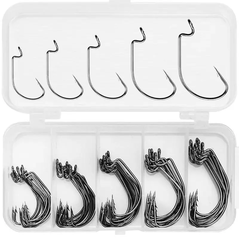 Fishing Hook Set, Durable Fishing Gear Set, 50pcs/box Jig Crank Barbed Hook, High Carbon Stainless Steel Wide Gap Offset Fishhook, Soft Worm Sea Hook Tackle, Outdoor Fishing Accessory