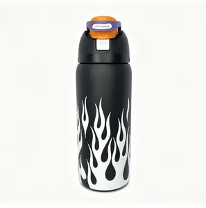 Owala 32oz Black & White Flame Print Insulated Stainless Steel Water Flask - Leak-Proof Flip-Top Lid, Streetwear Style, Double-Wall Insulation for Cold/Hot Drinks, Flasks