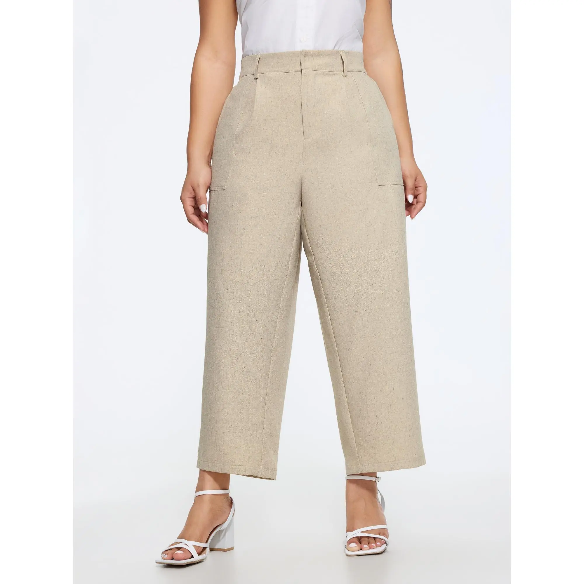 BLOOMCHIC Women's Plus Size Textured Linen-Spandex Blend Pocket Cropped Pants [M-6X] for Summer