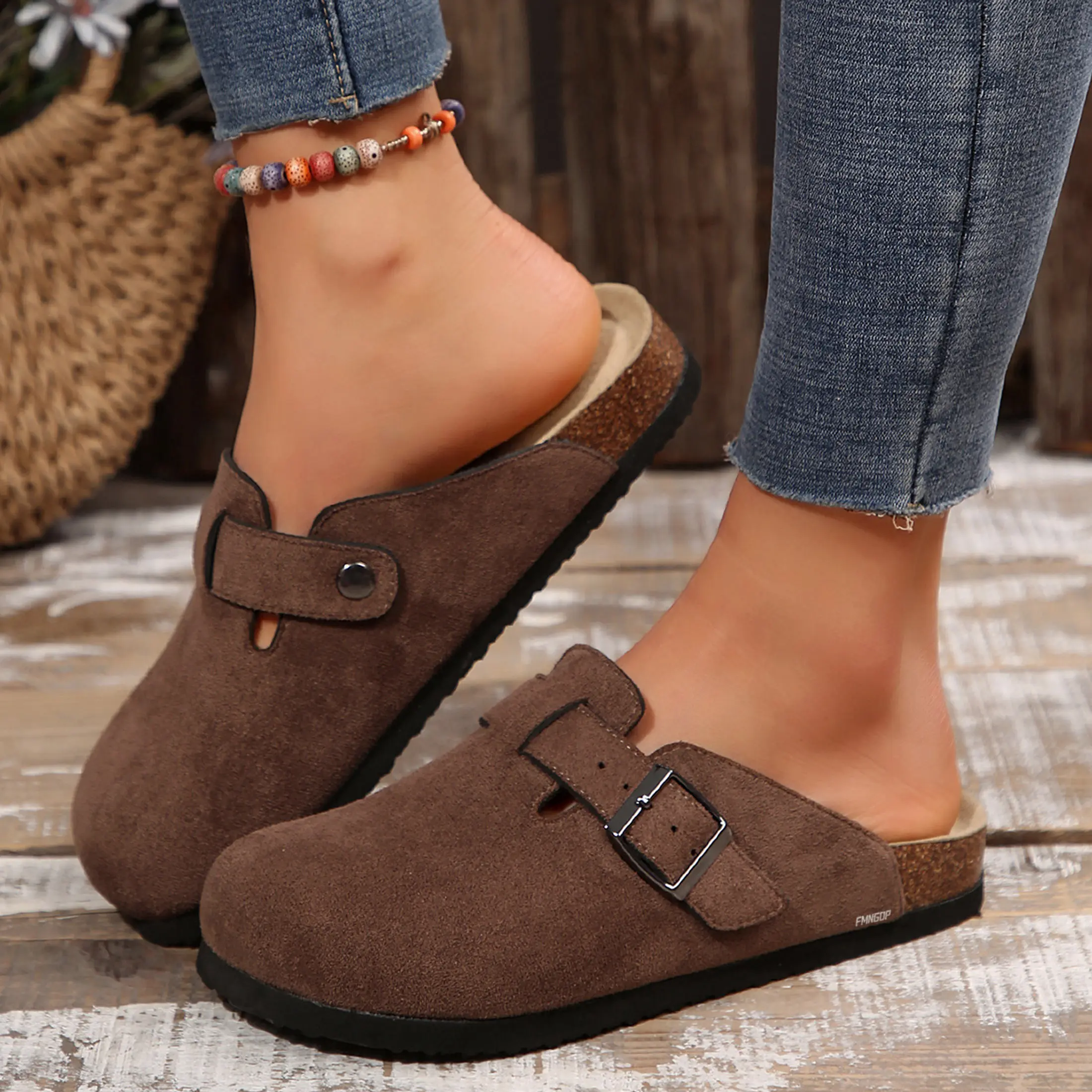 Suede Clogs Sandals for Women Adjustable Buckle Slip-on Cork Footbed Mules with Antislip Sole - Unisex Slippers Brown
