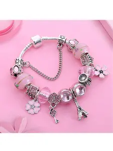 Classic Silver Color Eiffel Tower Crown Beaded Bracelet,Pink Crystal Enamel Flower Heart Key Charm Pendant Bracelets for Women Girl Gift, Casual All Seasons Jewelry