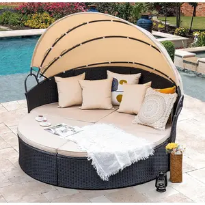 HOMALL Outdoor Daybed with Retractable Canopy Sectional Rattan Round Bed for Patio HOMALL Outdoor Daybed with Retractable Canopy Sectional Rattan Round Bed for Patio