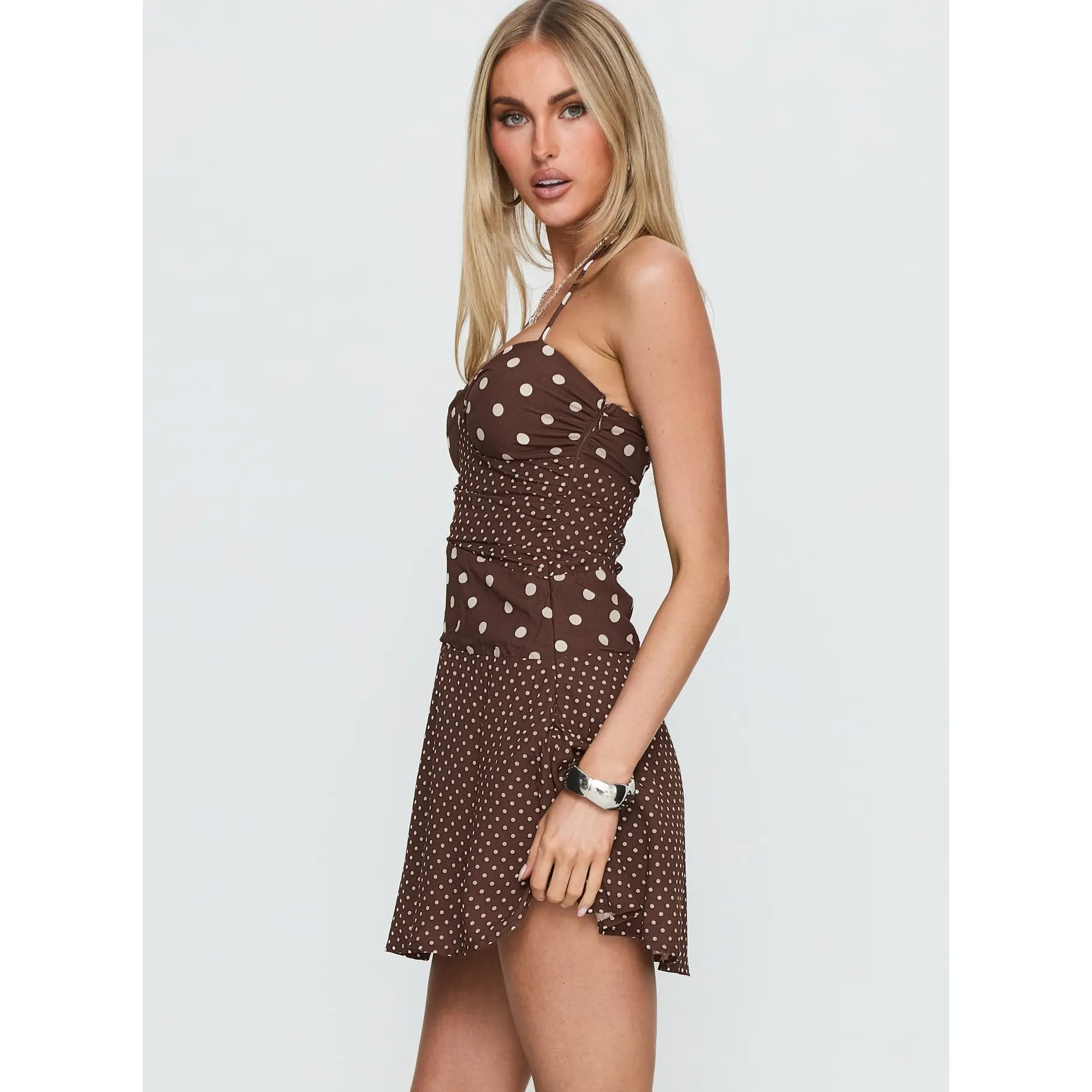 Marguerite Halter Mini Dress Brown Polka Dot - TikTok Shop