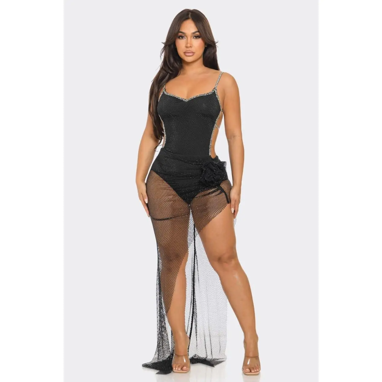 After Midnight Black Rhinestone Fishnet Two-Piece Set
