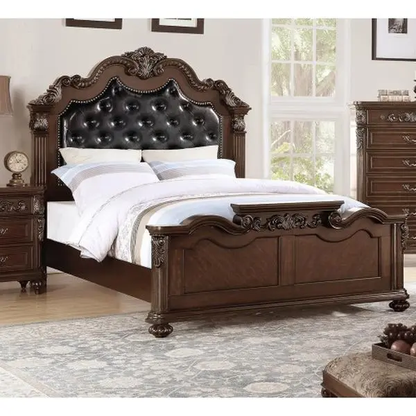 Bellemave 3pc Traditional Antique Cherry Queen Size Tufted Faux Leather Bed Set - Elegant Bed Frame with Round Leg Style, Headboard, 2 Nightstands, 200 lbs Capacity, Indoor Bedroom Furniture for Bedroom Decor, Queen Size Bed